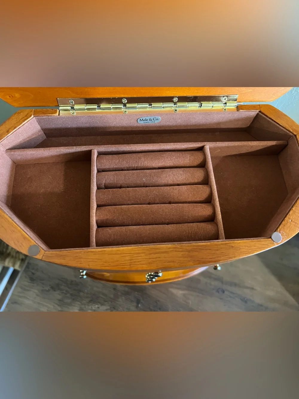 Mele & Co Trinity Wooden Jewelry Box Burlwood Walnut Finish